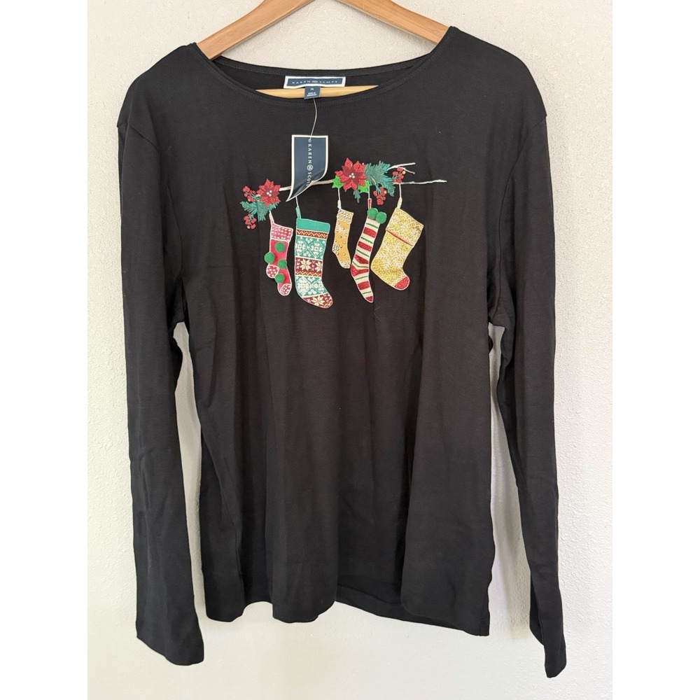 Karen Scott Christmas Black T-Shirt Stockings Sequin Embellished Festive Size XL